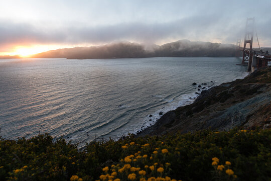 Sunset over the San Francisco Bay with the Golden Gate Bridge 