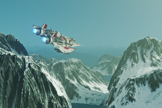 Spaceship flying past mountains