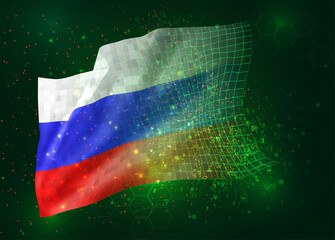 Russia, on vector 3d flag on green background with polygons and data numbers