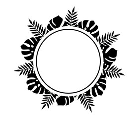 Tropical leaves palm and monstera in black template around a white background that can be used for text. Abstract botanical jungle frame. Greeting card. Vector illustration