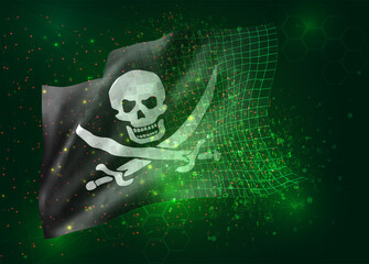 3d vector mesh flag of a pirate skull on a black background with polygons and data numbers