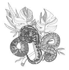 Snakes in the jungle. Royal python snake.  Meditative coloring of antistress. Arrows, strips, scales, lines. Logo, print on the T-shirt. Children's painting, drawing by hand.  - 448877100