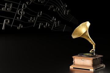 Old antique Gramophone or Phonograph and black music notes in dark black background. It's a popular mythical music player. It works by wind up. The concept of music and aesthetics. 3D illustration.