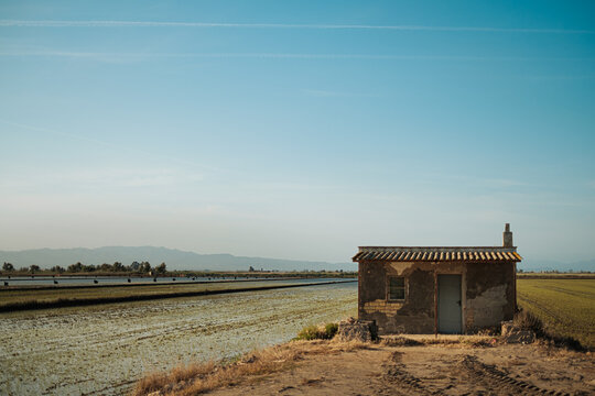 Landscape of a hut between flooded rice fields 