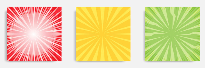 Set of sunburst, starburst abstract vintage retro modern background template in red, yellow, green, with white rays color. Suitable for banner, cartoon comic illustration