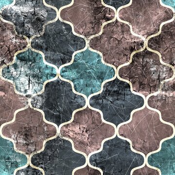 Seamless Moroccan Tile Mosaic Grungy Pattern for Surface Print. High quality illustration. Ornate distressed tribal bohemian geometry swatch in perfect repeat. Geometric textile design.