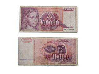 Closeup shot of late Yugoslavian dinar banknote of 100000 dinars - obrazy, fototapety, plakaty