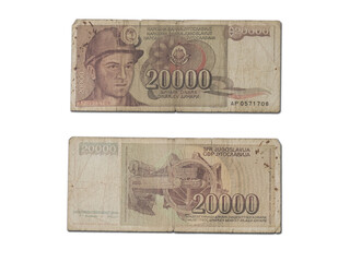 Closeup shot of late Yugoslavian dinar banknote of 20000 dinars - obrazy, fototapety, plakaty