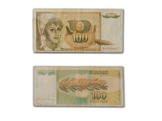 Closeup shot of late Yugoslavian dinar banknote of 100 dinars - obrazy, fototapety, plakaty
