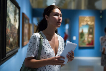 Thoughtful adult woman watching paintings in picture pallery