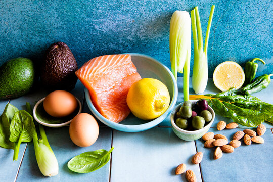 Healthy food ingredients vegetables, salmon fish and healthy foods
