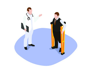 Doctor talks to a patient on crutches 3d isometric vector concept for banner, website, illustration, landing page, flyer, etc.