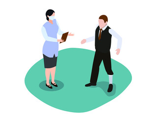 Doctor talks to a patient in arm brace 3d isometric vector concept for banner, website, illustration, landing page, flyer, etc.