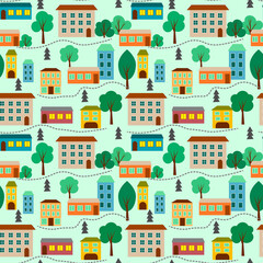 Fototapeta na wymiar Pattern with a street, colorful houses and trees. Vector illustration for children. For use in children's prints, packaging, promotions, advertisements, covers and brochures and toy stores.