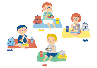 お弁当を食べる子供たちのイラスト