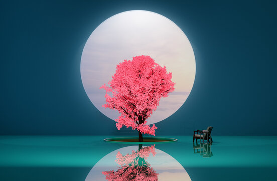 Surreal interior with fantasy tree