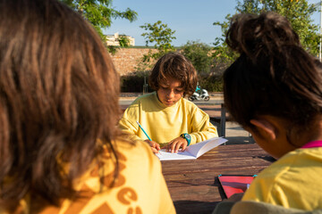 Classmates doing homework outdoor