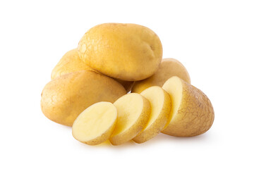 Pile of raw washed potatoes with slice potatoes isolated on white background.