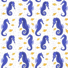 Seahorse and fishes in hand drawn style. Seamless pattern with sea animals. Illustration for print, wallpaper, fabric and textile on white background