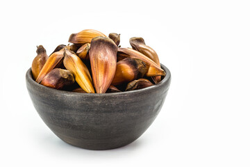 pinaceae or araucariaceae seed, used in cooking, typical winter fruit on isolated white background.
