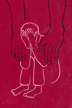 Desperate child and evil hands