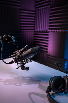 Professional podcast studio with nobody in it