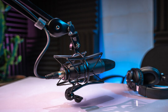 Professional podcast studio with nobody in it