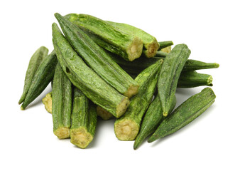 Healthy okra chips isolated on white background 