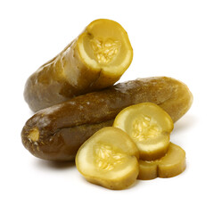 Marinated pickled cucumbers on white background
