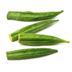 Healthy okra chips isolated on white background 
