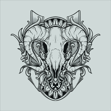 tattoo and t shirt design black and white hand drawn goat skull engraving ornament