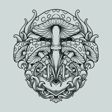 tattoo and t shirt design black and white hand drawn mushroom engraving ornament