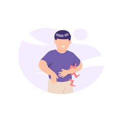 a boy holds his stomach because he feels stomach pain after eating. effects of satiety, eating too much, flatulence. expression of a person in pain. flat style. vector design element