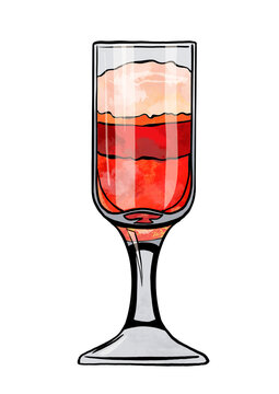 Digital illustration of alcoholic or non-alcoholic cocktail of different shapes and colors on white isolated background. High quality illustration