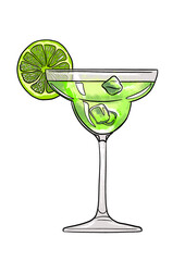 Digital illustration of alcoholic or non-alcoholic cocktail of different shapes and colors on white isolated background. High quality illustration