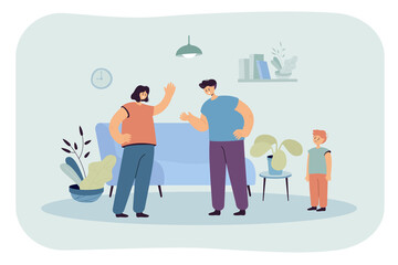 Angry husband and wife sorting things out in front of child. Flat vector illustration. Sad little son watching mother and father arguing. Family, relationship, conflict, divorce, quarrel concept