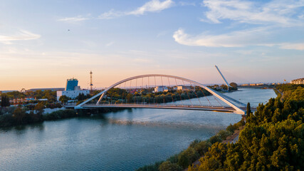 Aerial View of Guadalquivir River in Seville with Barqueta and Alamillo Bridges