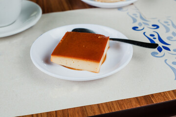 Flan or crème caramel, sweet mexican dessert in Mexico City