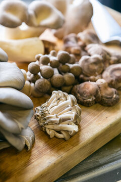 Variety Of Mushrooms On Cutting Board With Knife