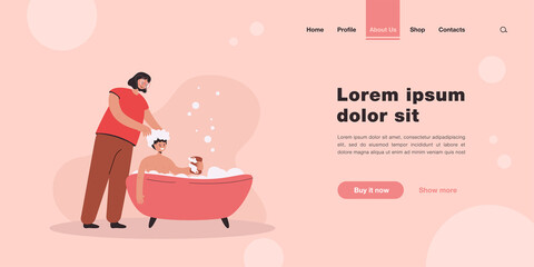 Mother bathing son and washing hair. Woman helping boy clean himself, foamy bathtub, kid holding soap flat vector illustration. Family, parenting concept for banner, website design or landing web page