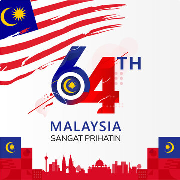 Happy malaysia independence day 64th simple logo type text, postage or postcard with flag national background vector illustration symbol