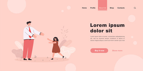Daughter greeting father after work. Happy little girl running towards man in uniform flat vector illustration. Family, relationship, childhood concept for banner, website design or landing web page