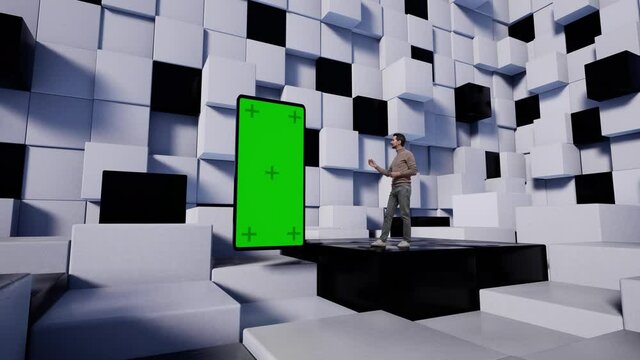 Caucasian man in jeans TV presenter in the news studio with white and black cubes. A green screen with markers flies onto the stage.
