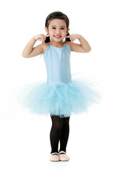 Portrait isolated studio shot of small beautiful Asian kindergarten pigtails ballerina dancer girl in blue tutu ballet dress black legging stand smiling posing practice exercise on white background