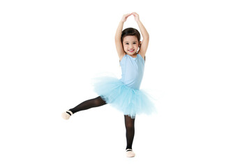 Portrait isolated studio shot of small pretty Asian preschool pigtails ballerina dancer girl in...