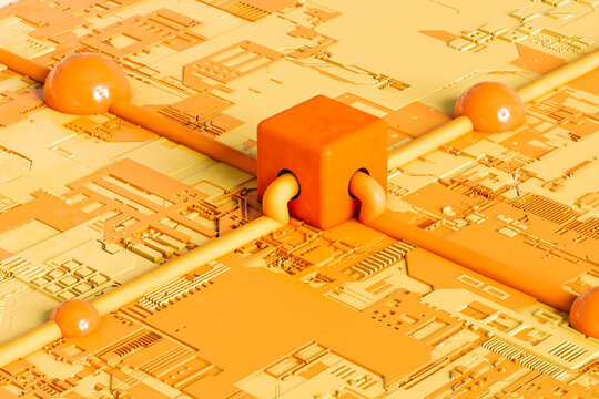 Orange tubes connecting with a cube on a ginat chip