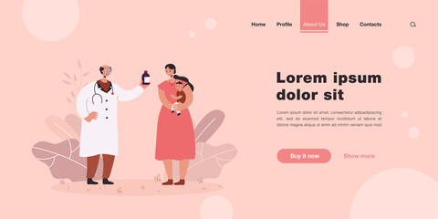 Pediatrician giving mother medicine for child. Woman holding baby, consulting old doctor flat vector illustration. Pediatrician, healthcare he concept for banner, website design or landing web page