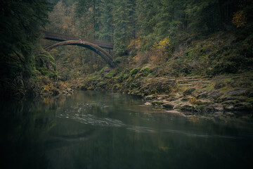 Moulton Falls Bridge reflections on an autumn morning, Washington State, Pacific Northwest