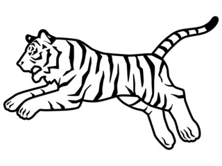 虎のシルエットもしくは線画のイラスト素材　横向き　ジャンプ