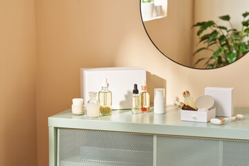 Beauty products on dresser.